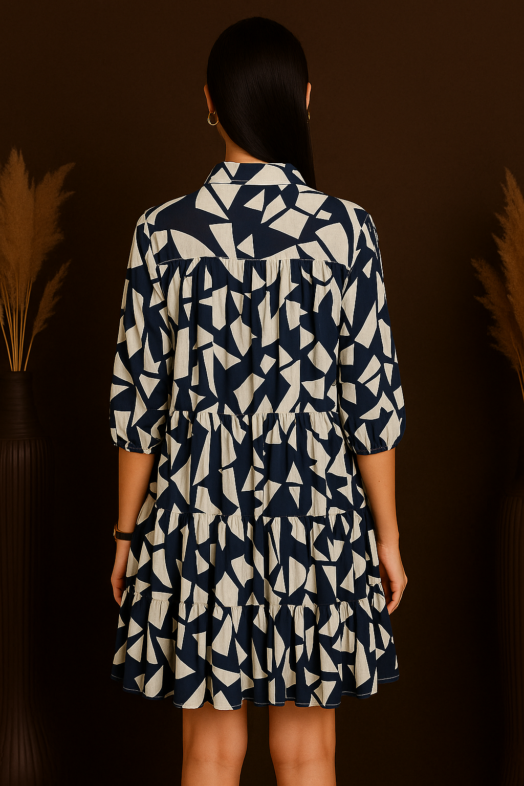 Navy & White Abstract Print Tiered Shirt Dress