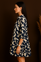 Navy & White Abstract Print Tiered Shirt Dress