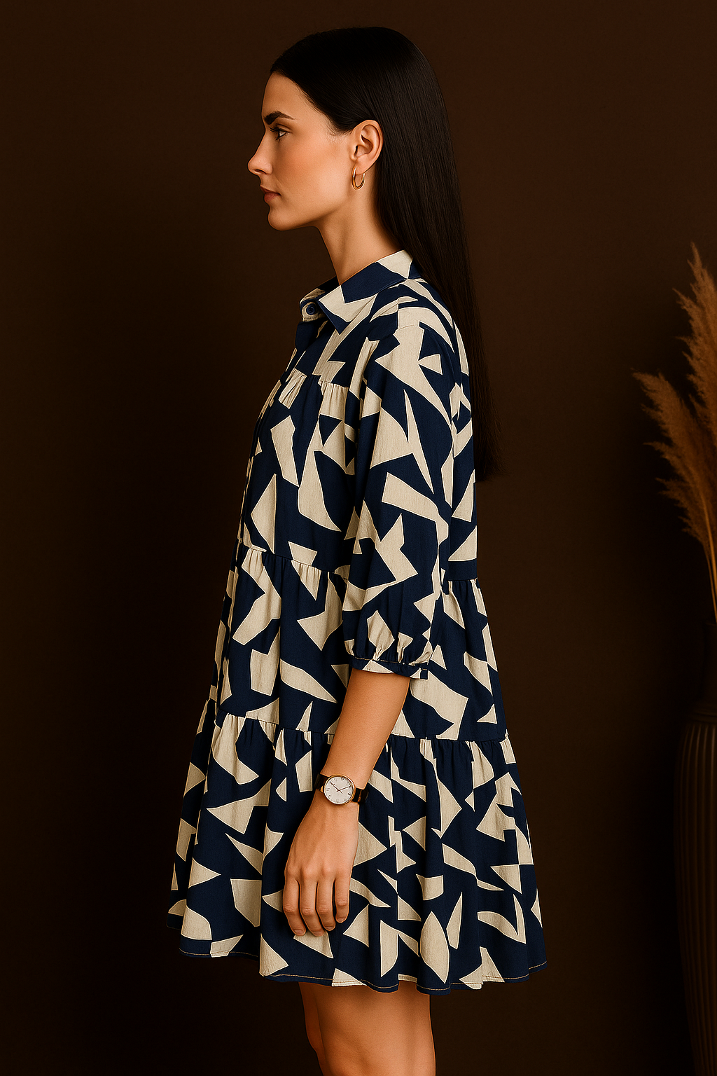 Navy & White Abstract Print Tiered Shirt Dress