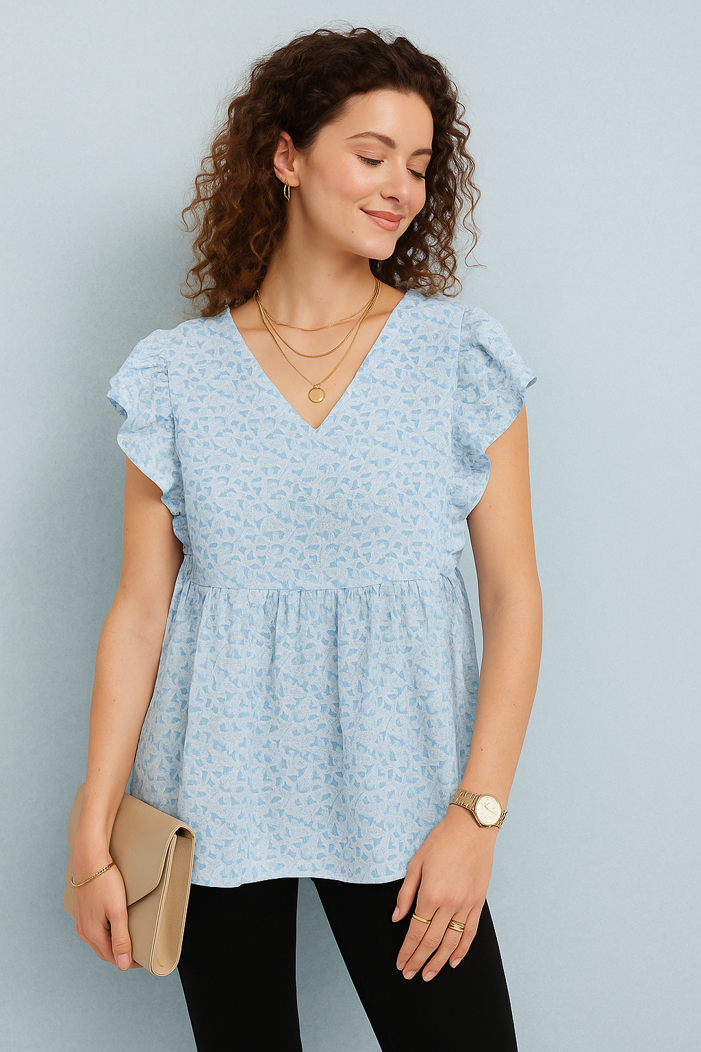 Sky Blue Printed Flutter Sleeve Peplum Top