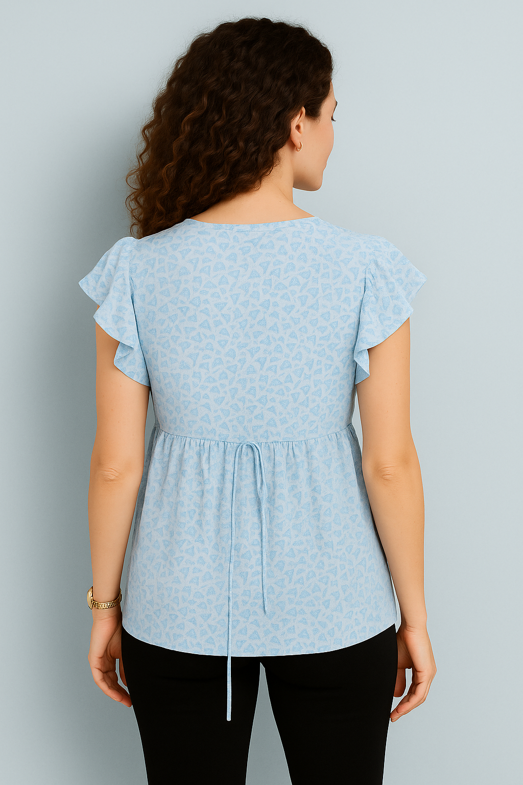 Sky Blue Printed Flutter Sleeve Peplum Top