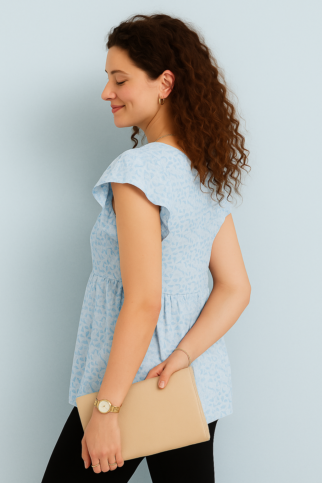 Sky Blue Printed Flutter Sleeve Peplum Top
