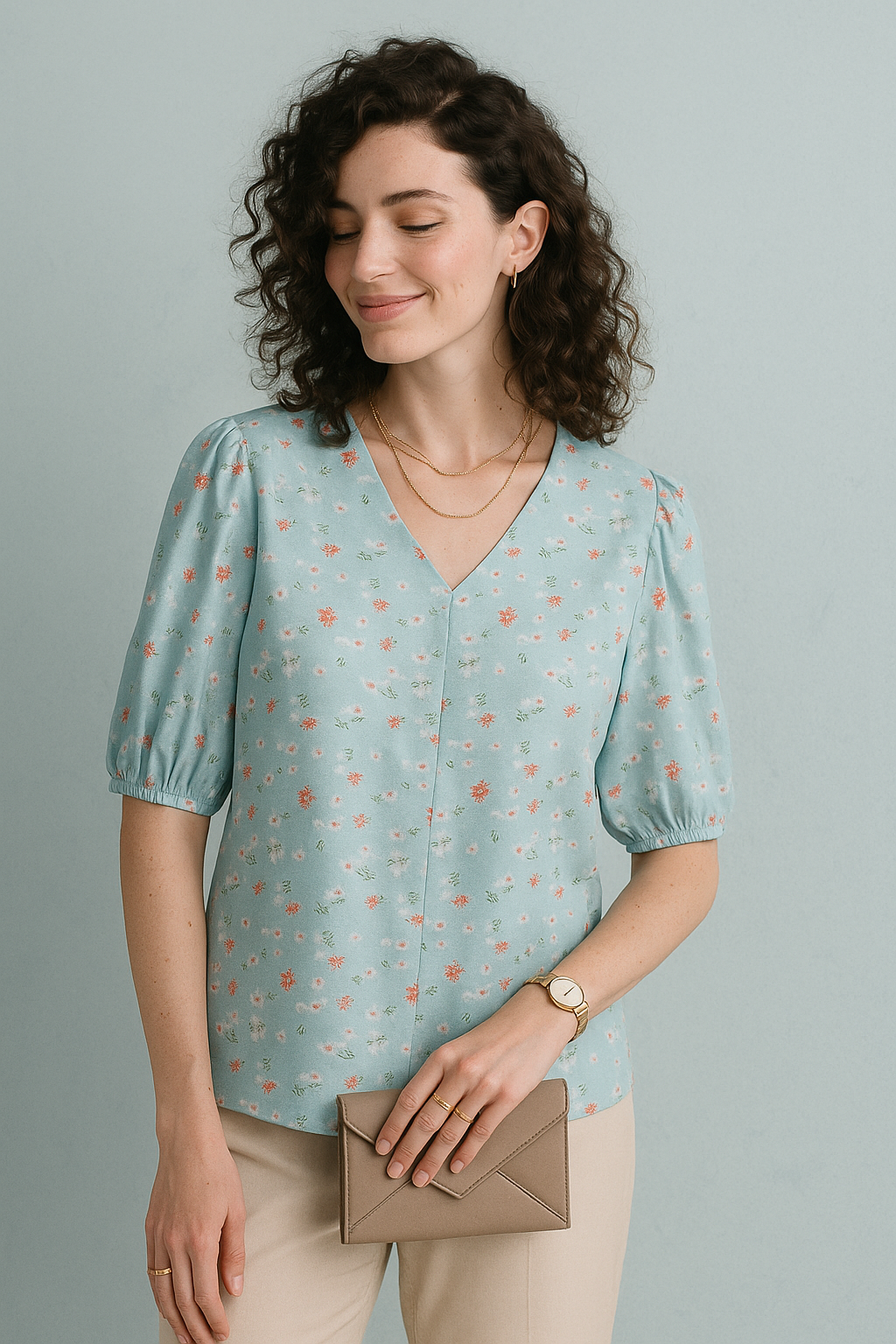 Mint Green Floral Puff Sleeve Top