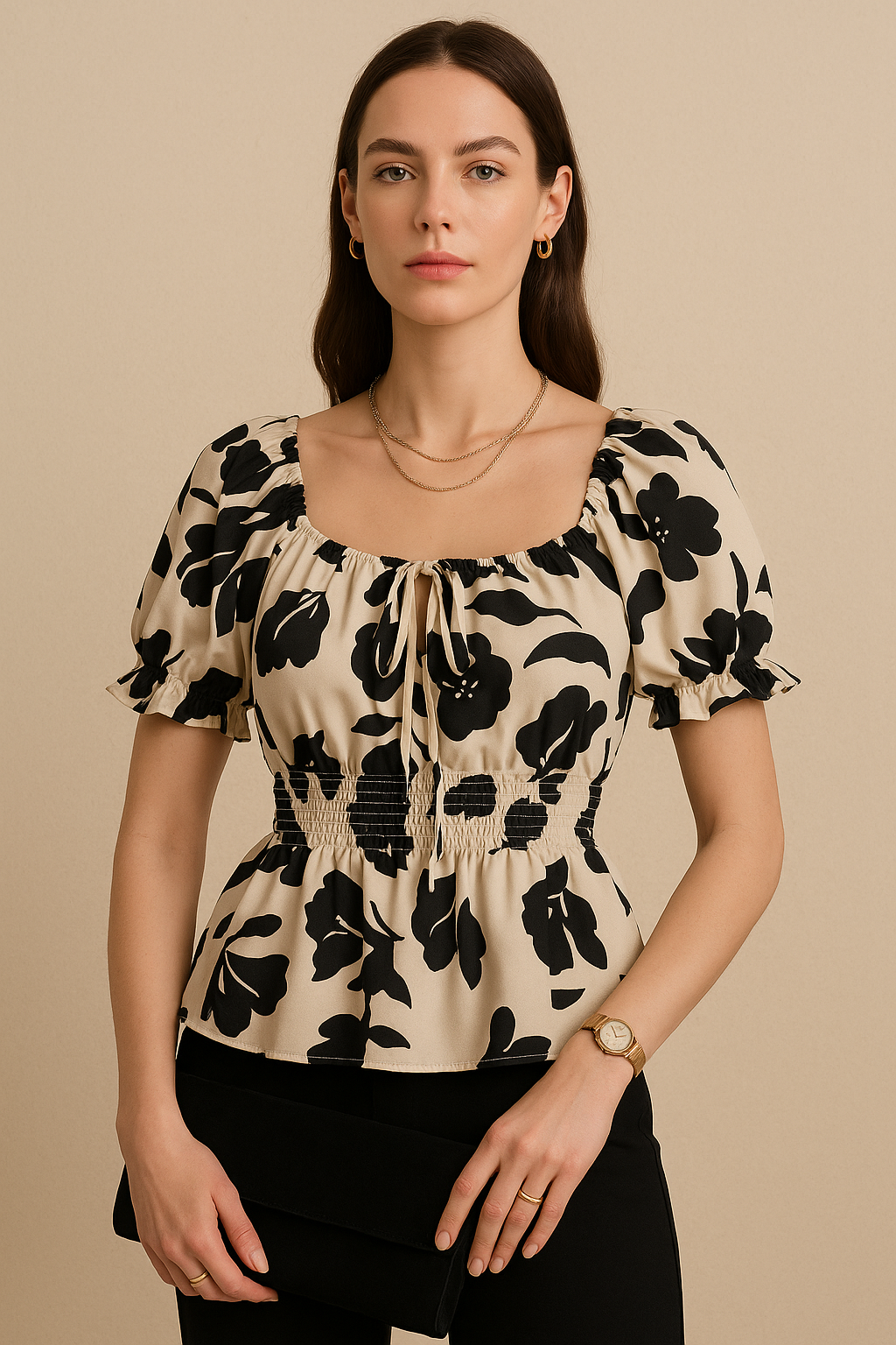 Beige Black Floral Smocked Peplum Top