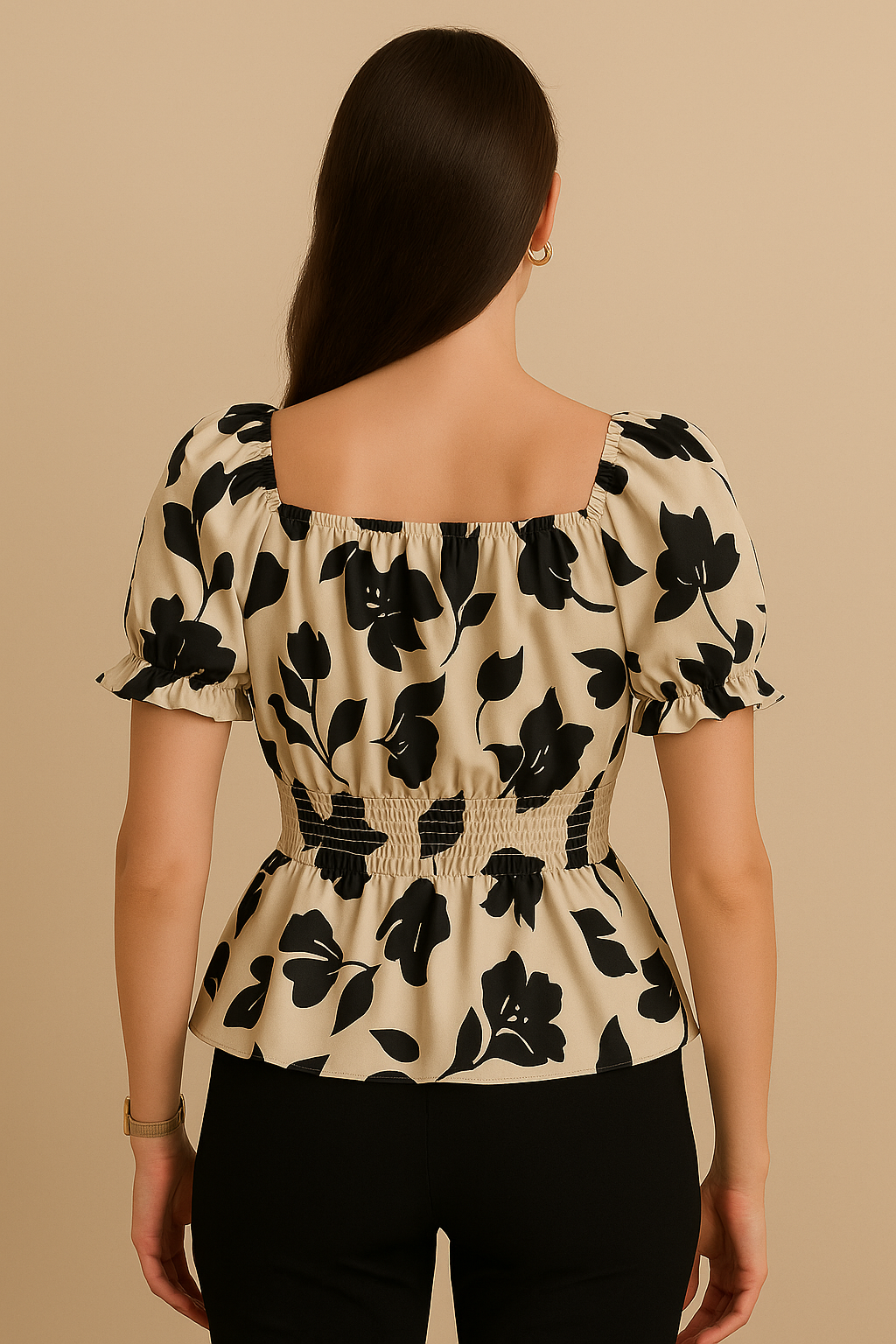 Beige Black Floral Smocked Peplum Top