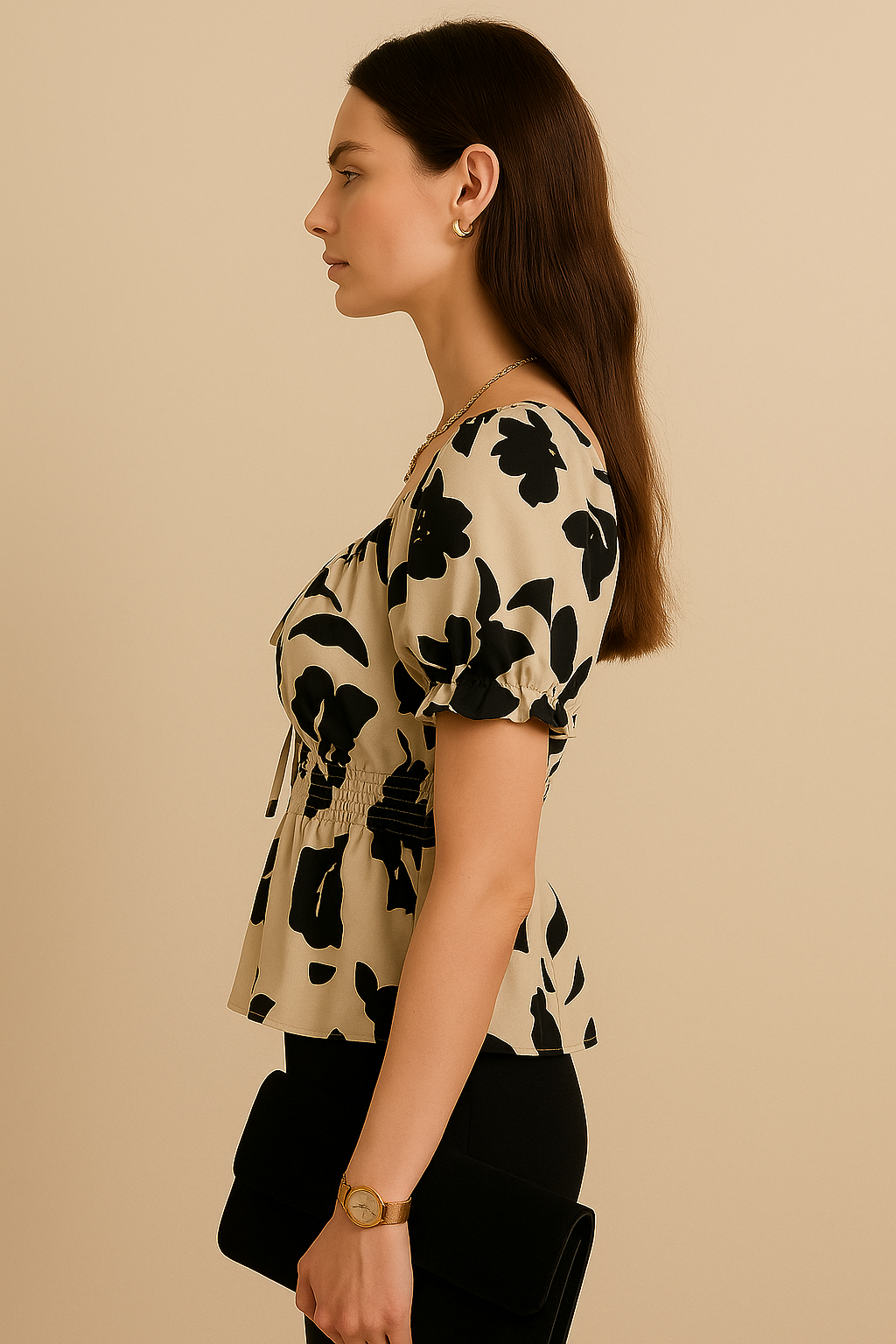 Beige Black Floral Smocked Peplum Top