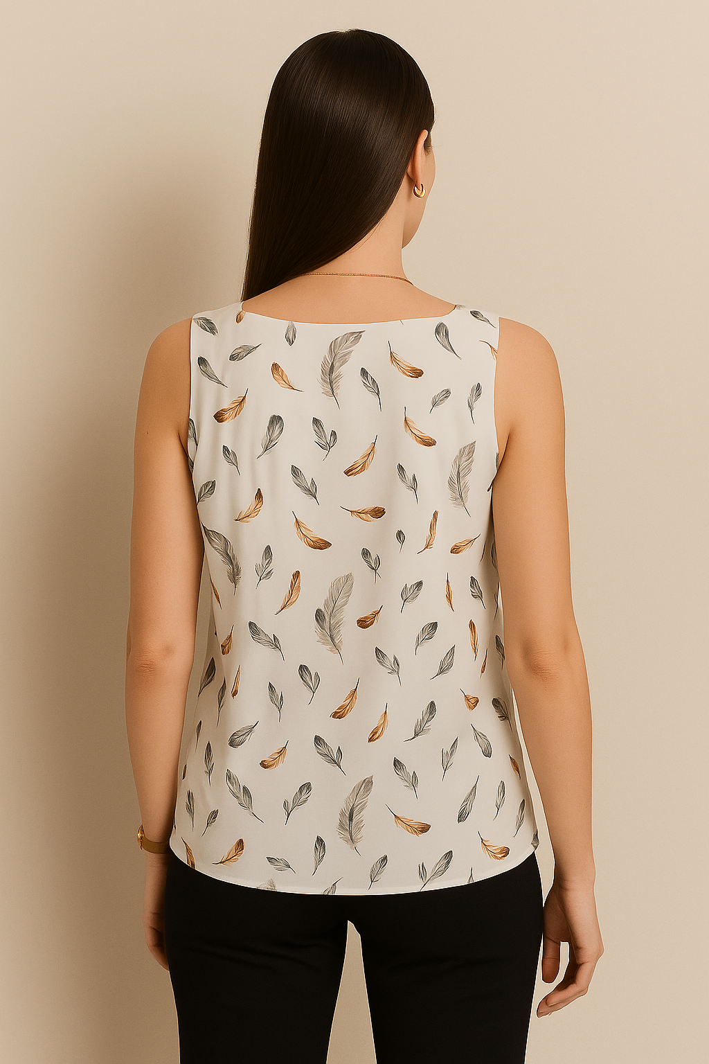 Cream Feather Print Sleeveless Top with Square Neckline