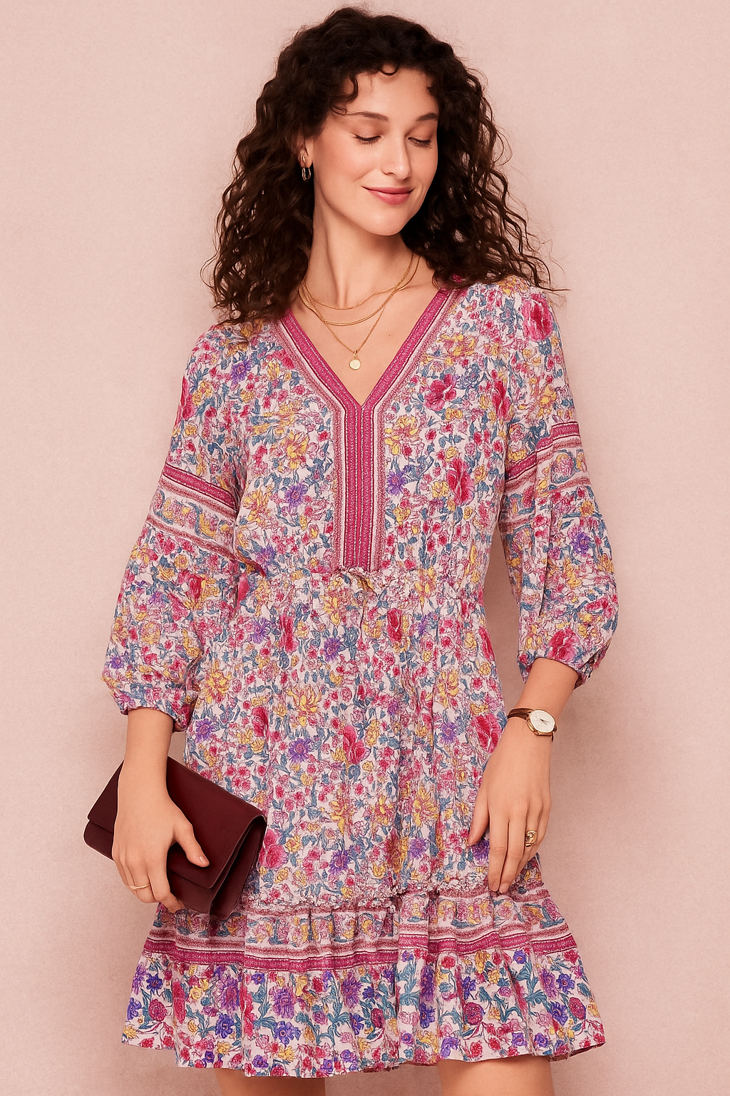 Multicolor Floral Printed V-Neck Dress with 3/4 Sleeves and Tiered Hem