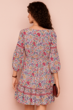 Multicolor Floral Printed V-Neck Dress with 3/4 Sleeves and Tiered Hem