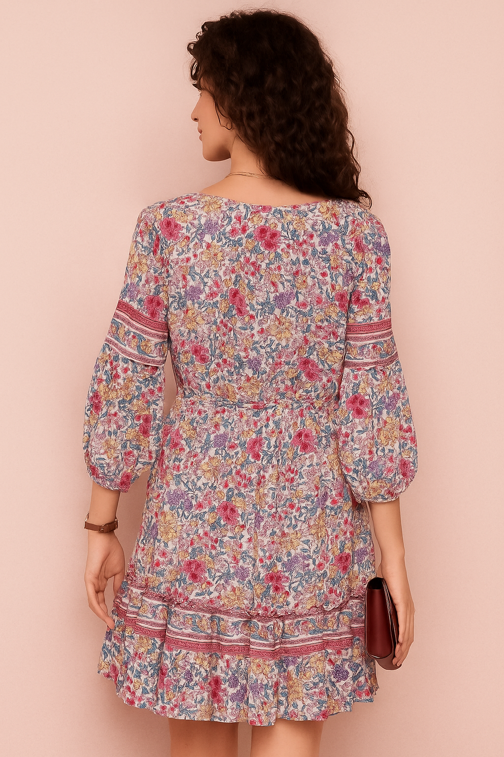 Multicolor Floral Printed V-Neck Dress with 3/4 Sleeves and Tiered Hem