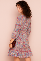 Multicolor Floral Printed V-Neck Dress with 3/4 Sleeves and Tiered Hem