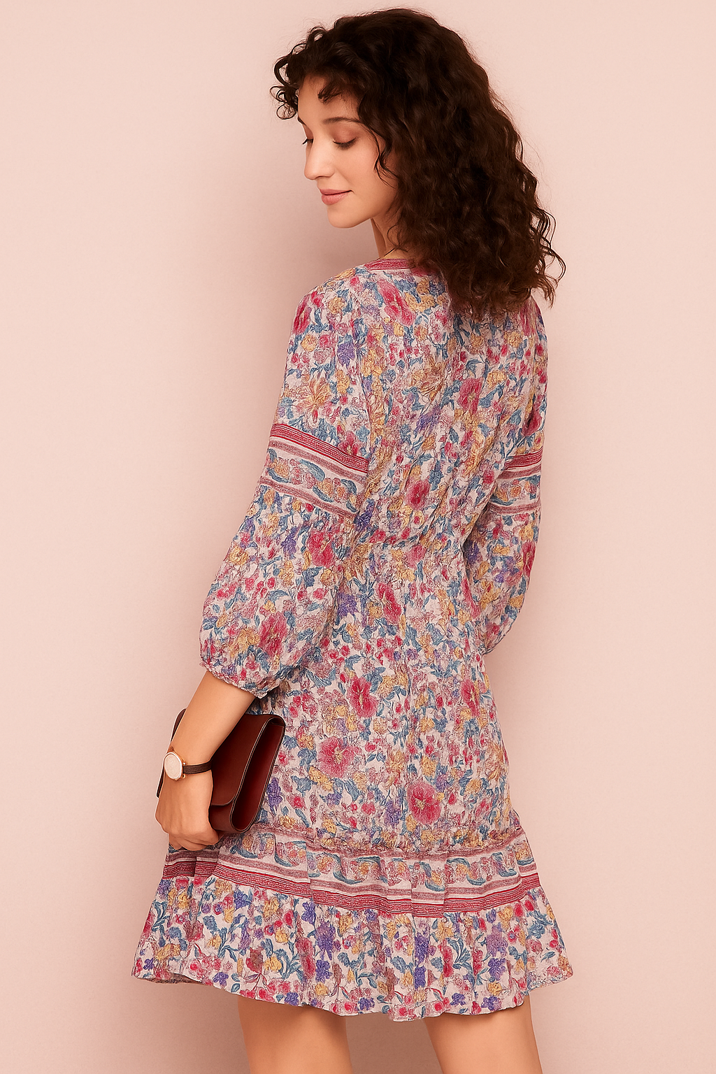 Multicolor Floral Printed V-Neck Dress with 3/4 Sleeves and Tiered Hem