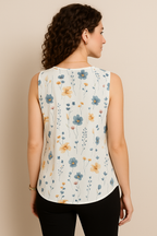 White Floral Sleeveless Top with Keyhole Neckline