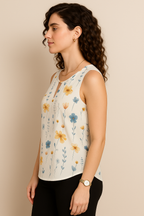 White Floral Sleeveless Top with Keyhole Neckline