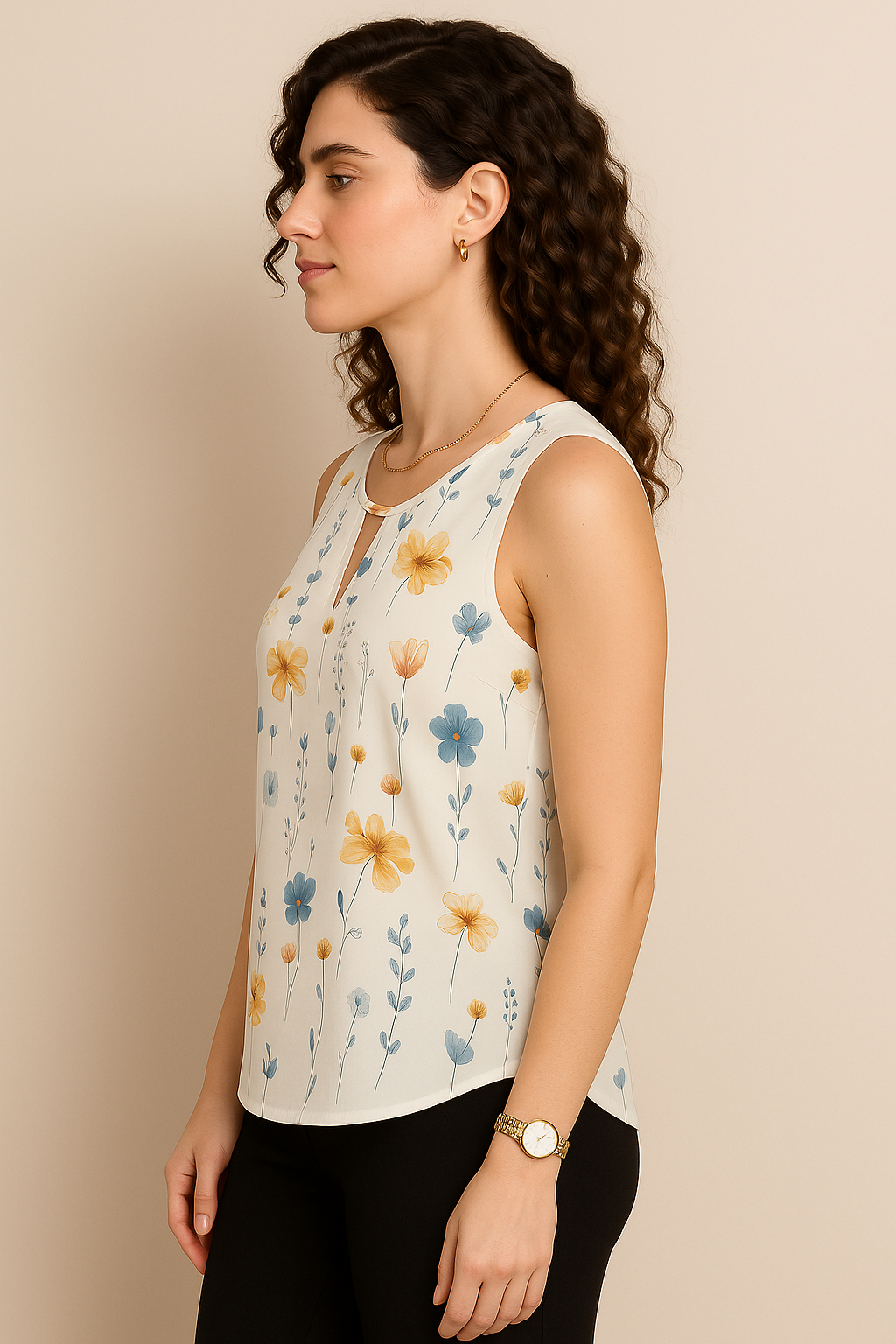 White Floral Sleeveless Top with Keyhole Neckline