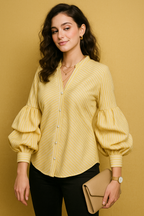 Yellow Striped Button-Down Shirt with Puff Sleeves