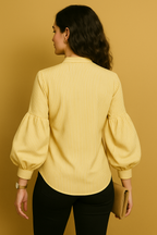Yellow Striped Button-Down Shirt with Puff Sleeves