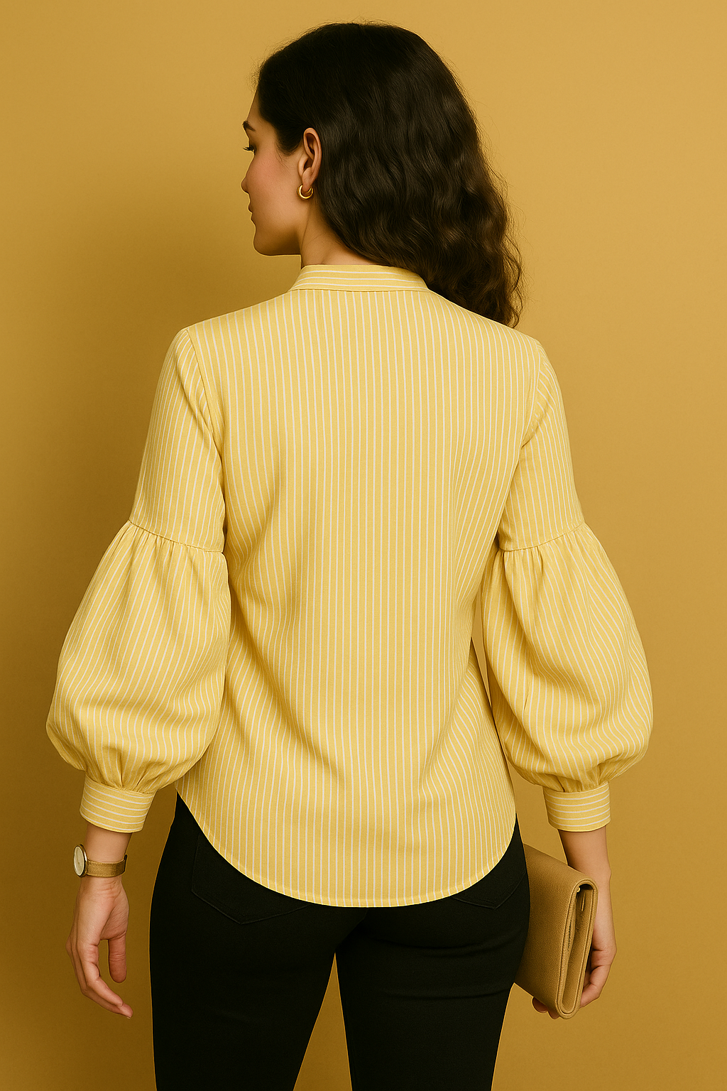 Yellow Striped Button-Down Shirt with Puff Sleeves