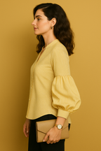 Yellow Striped Button-Down Shirt with Puff Sleeves