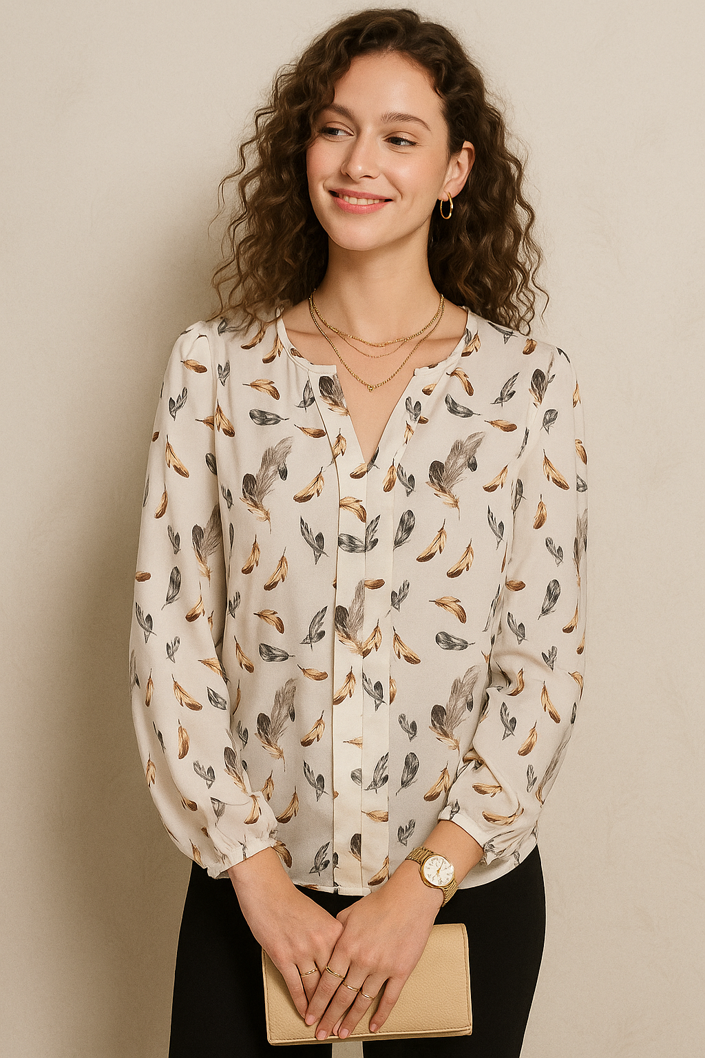 Cream Feather Print V-Neck Blouse with Full Sleeves