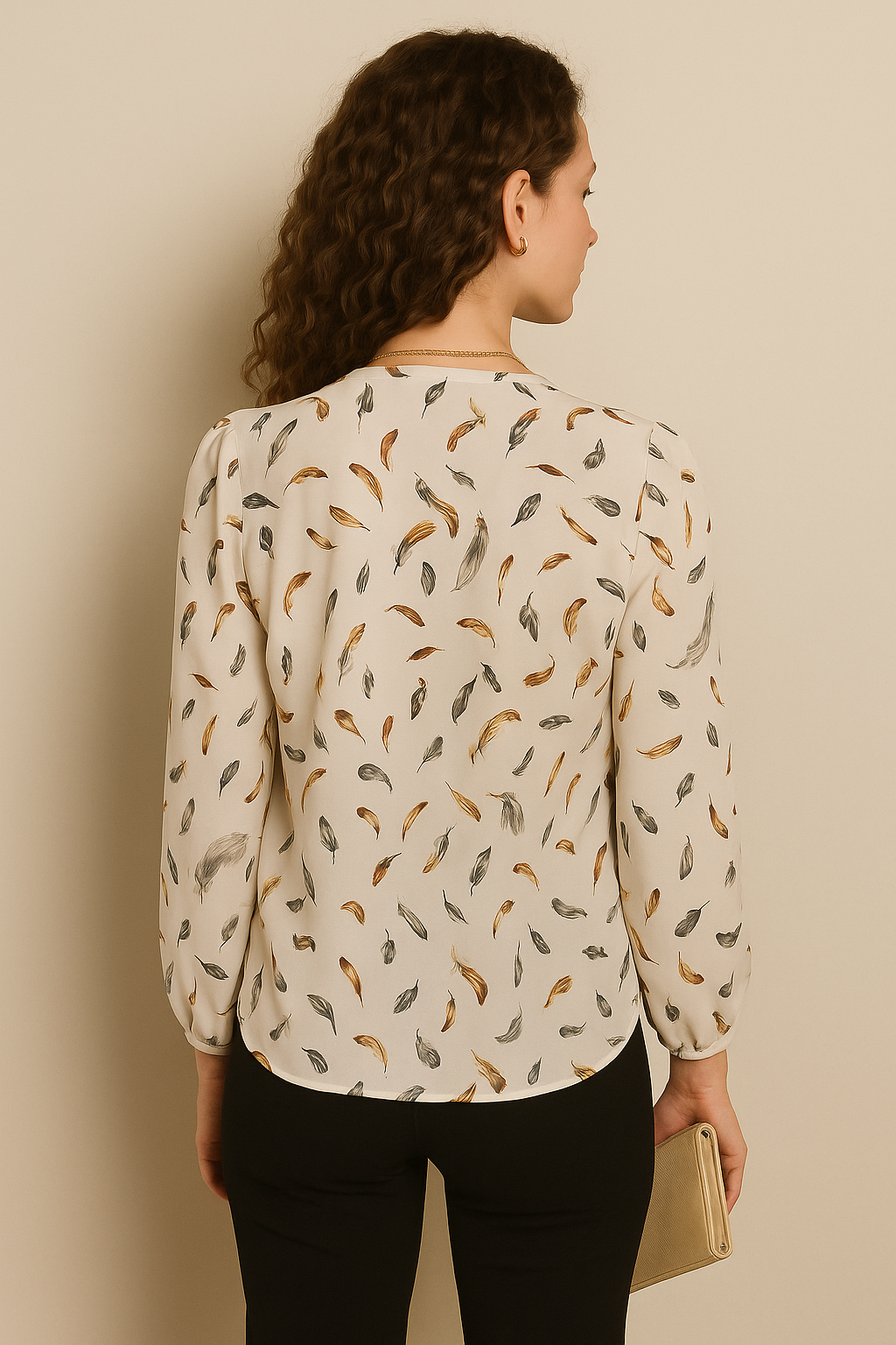 Cream Feather Print V-Neck Blouse with Full Sleeves