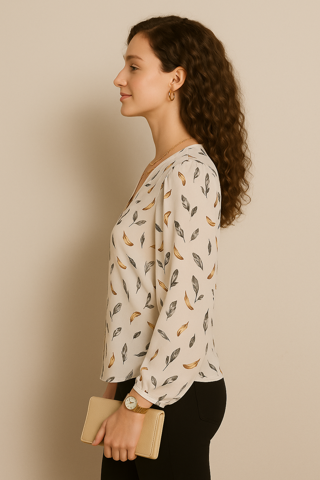 Cream Feather Print V-Neck Blouse with Full Sleeves
