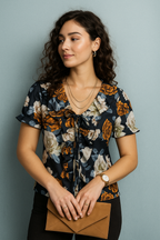 Navy Floral V Neck Satin Short Sleeve Top