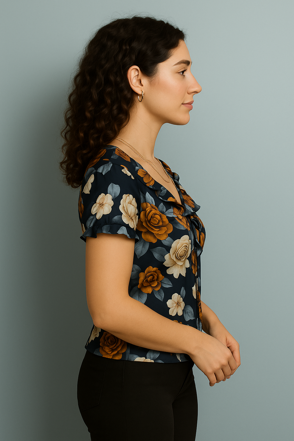 Navy Floral V Neck Satin Short Sleeve Top