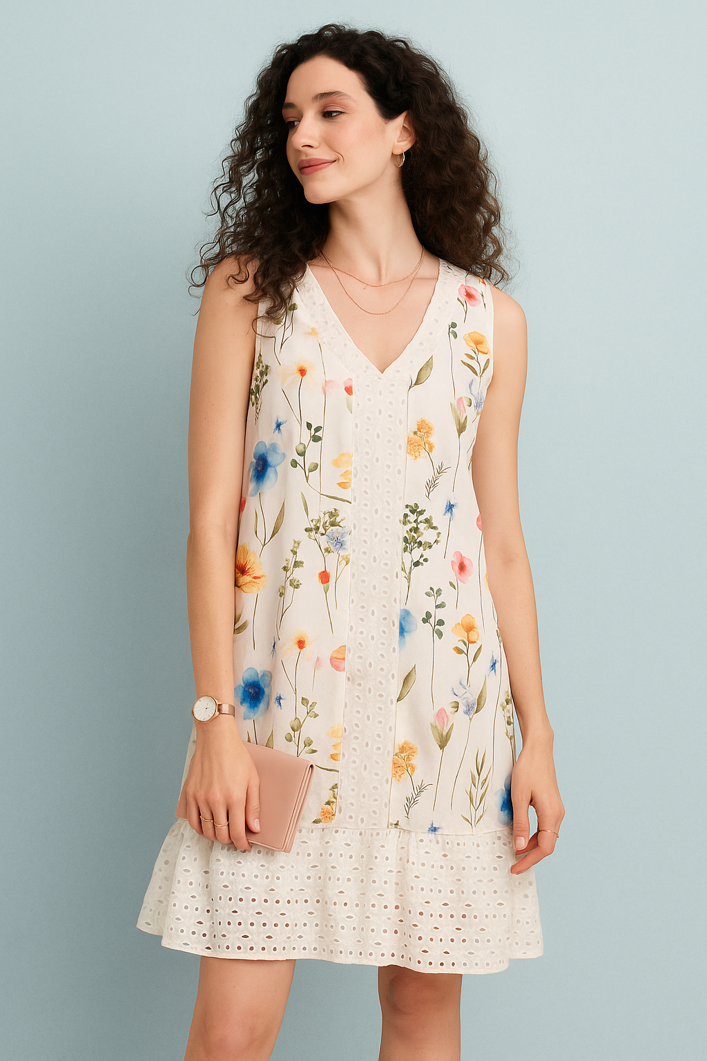 White Sleeveless Floral Lace Hem Cotton Dress