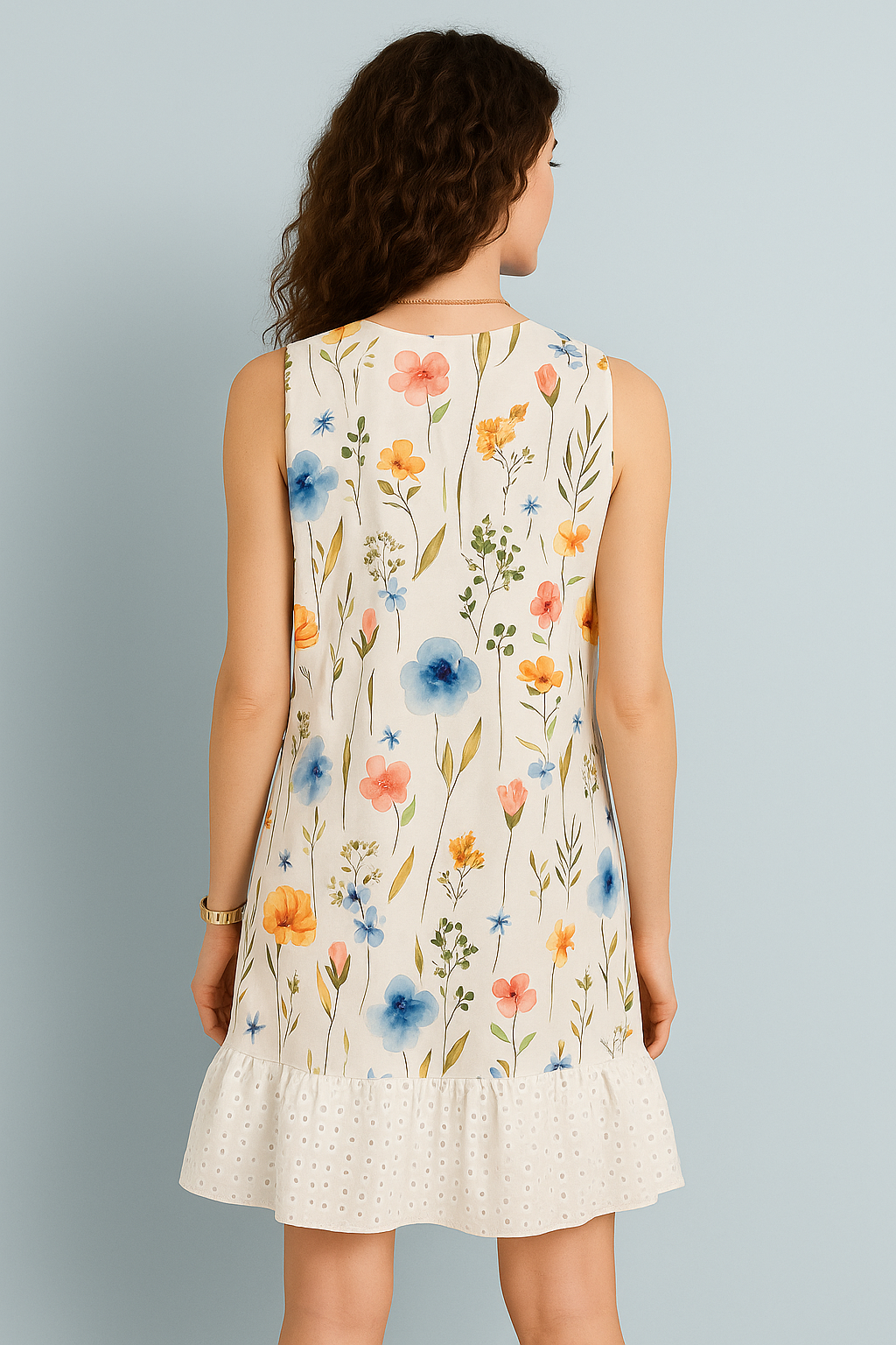 White Sleeveless Floral Lace Hem Cotton Dress