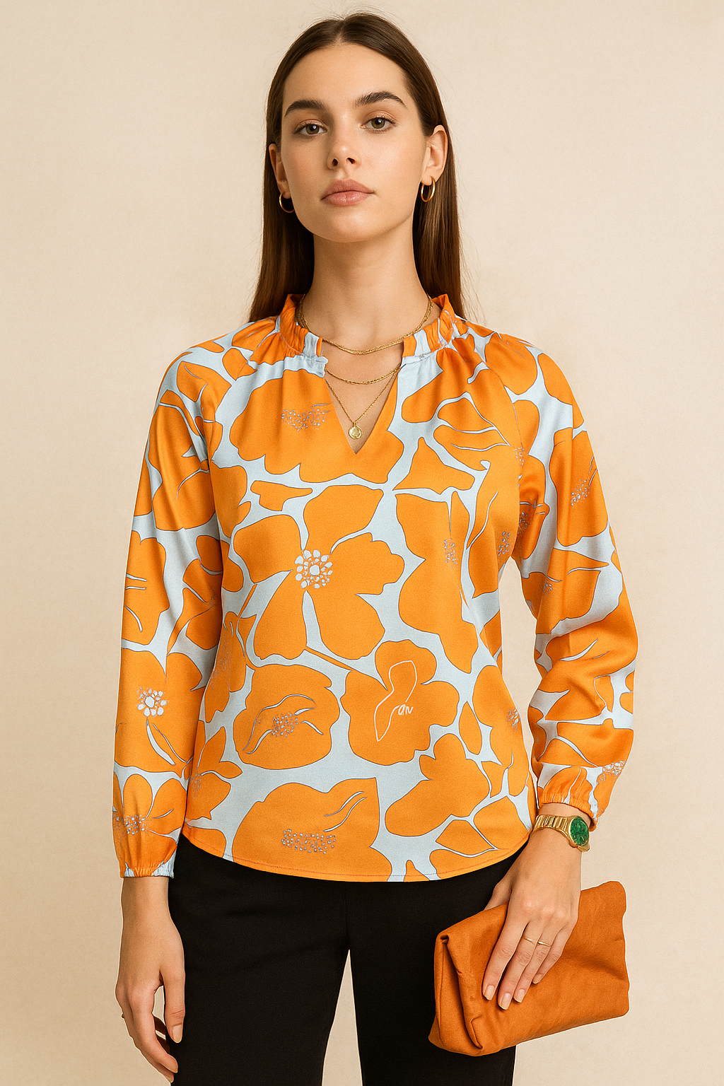 Orange and Blue Floral Print Long Sleeve Blouse with Ruffle Neckline