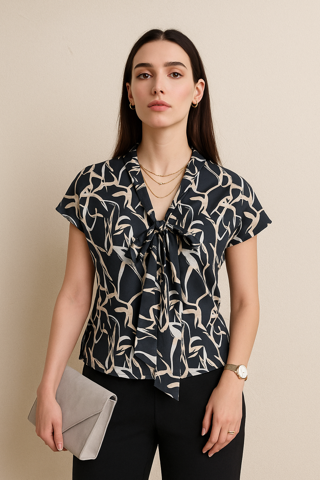 Black Abstract Print Short Sleeve Top with Front Tie Neck