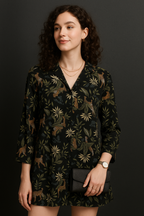 Black Jungle Print Button-Down Top