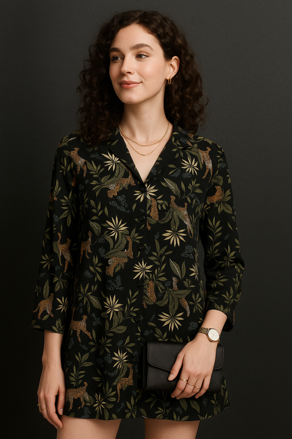 Black Jungle Print Button-Down Top
