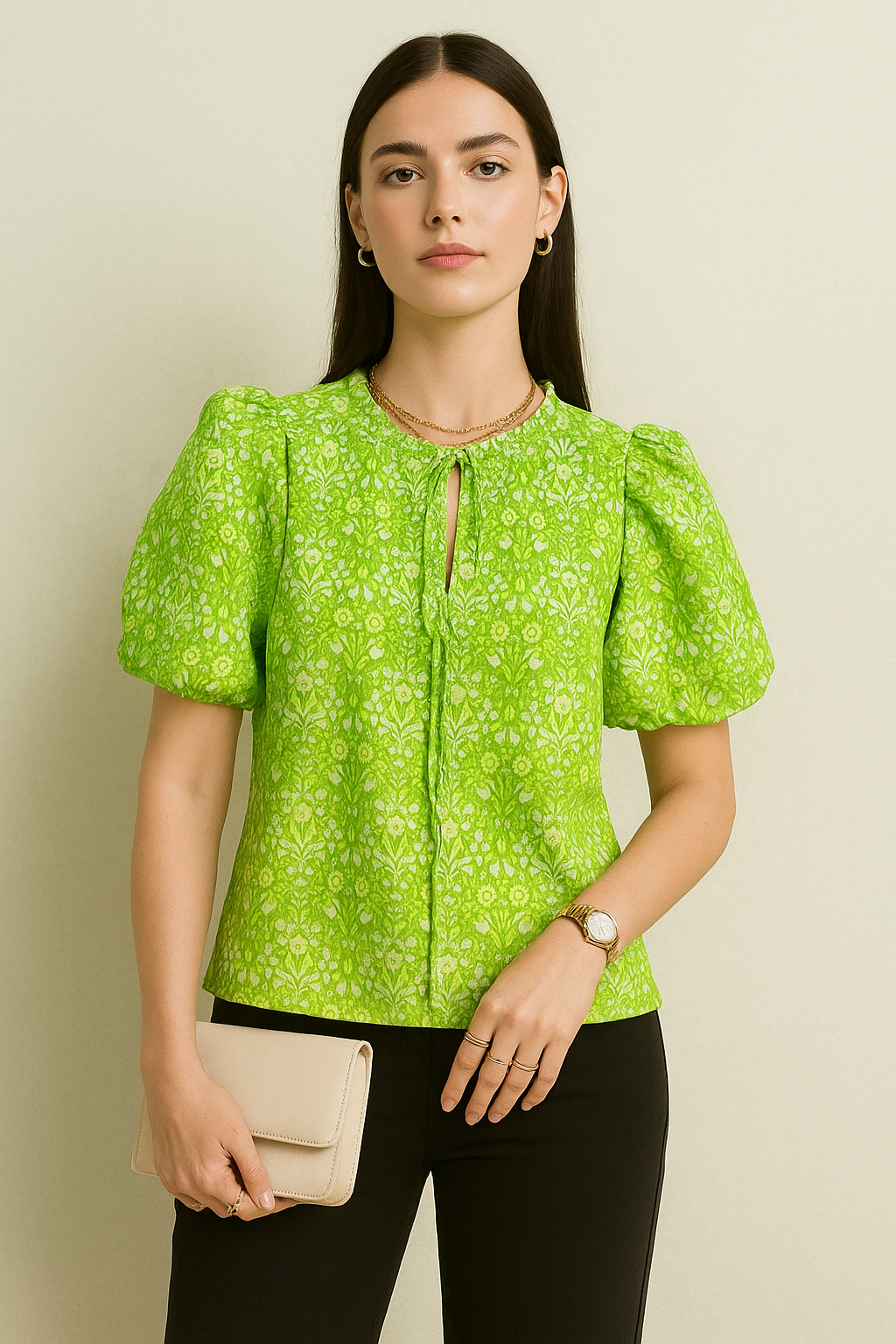 Green Floral Puff Sleeve Cotton Casual Top