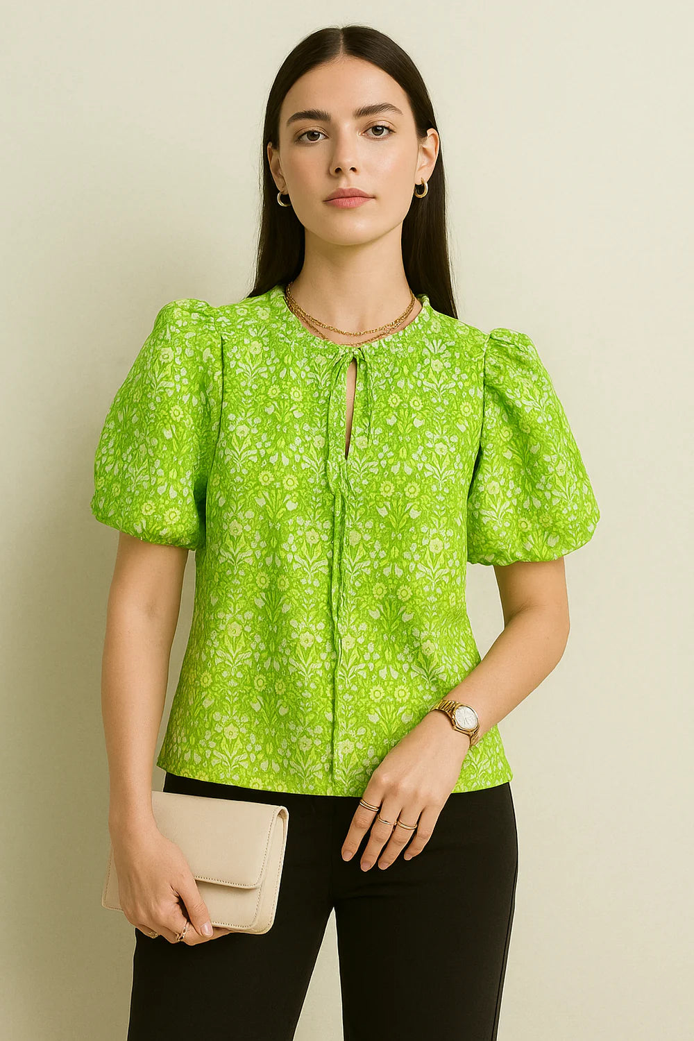 Periwinkle Floral Cotton Top with Puff Sleeves and Tie-Neck Detail