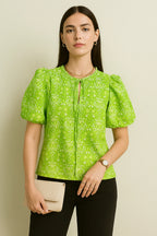 Periwinkle Floral Cotton Top with Puff Sleeves and Tie-Neck Detail