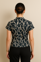 Black Abstract Print Short Sleeve Top with Front Tie Neck