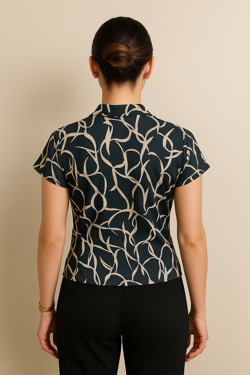 Black Abstract Print Short Sleeve Top with Front Tie Neck