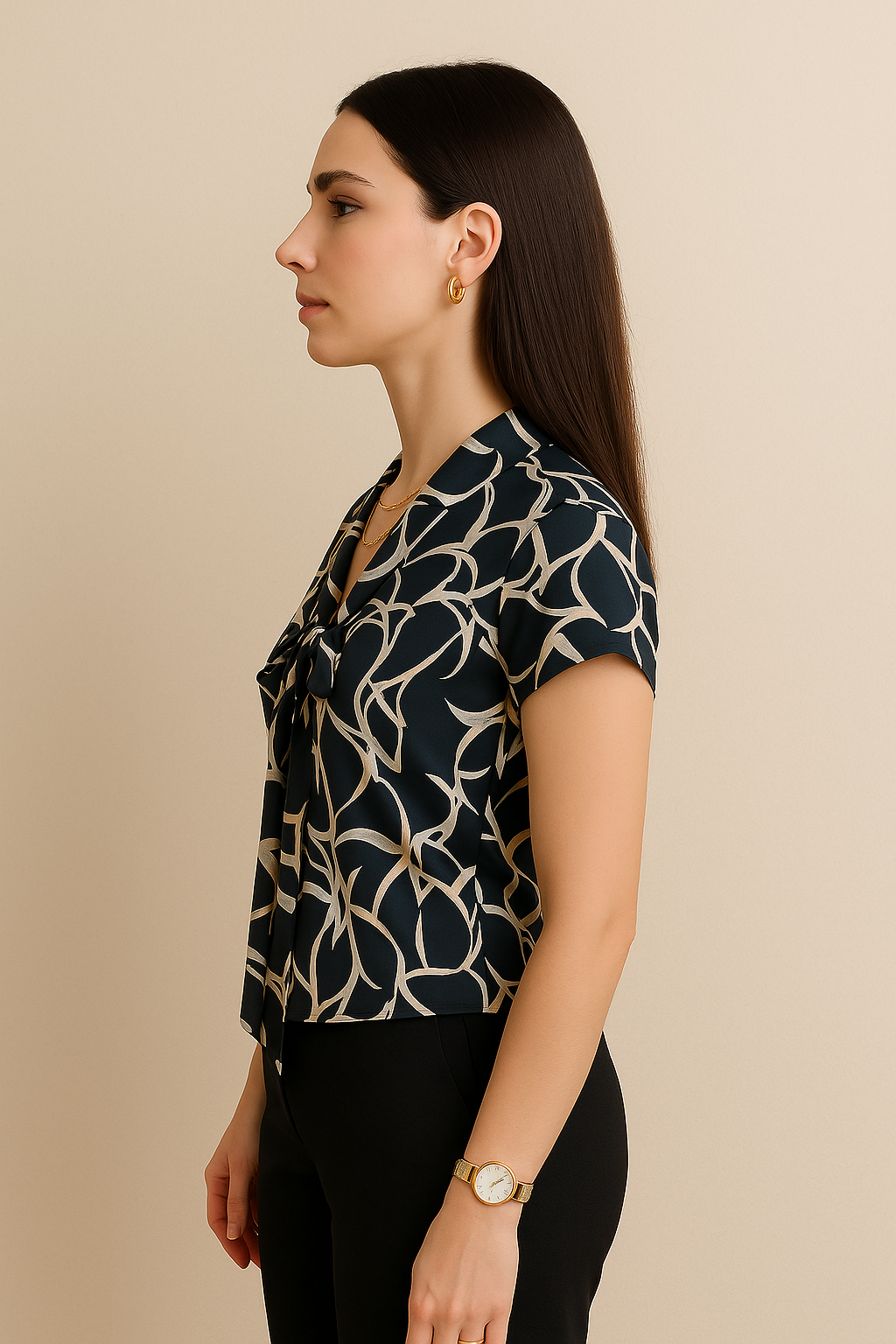 Black Abstract Print Short Sleeve Top with Front Tie Neck