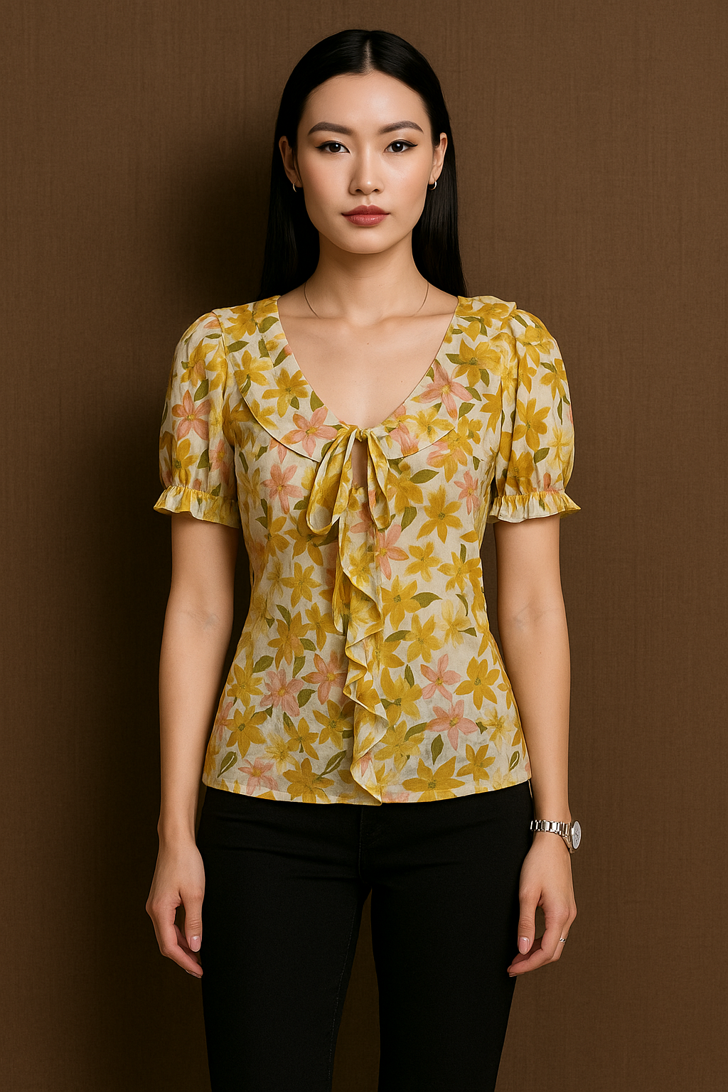 Yellow Floral Ruffle Tie Neck Chiffon Top