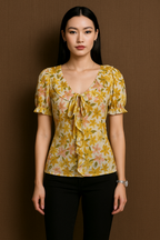 Yellow Floral Ruffle Tie Neck Chiffon Top