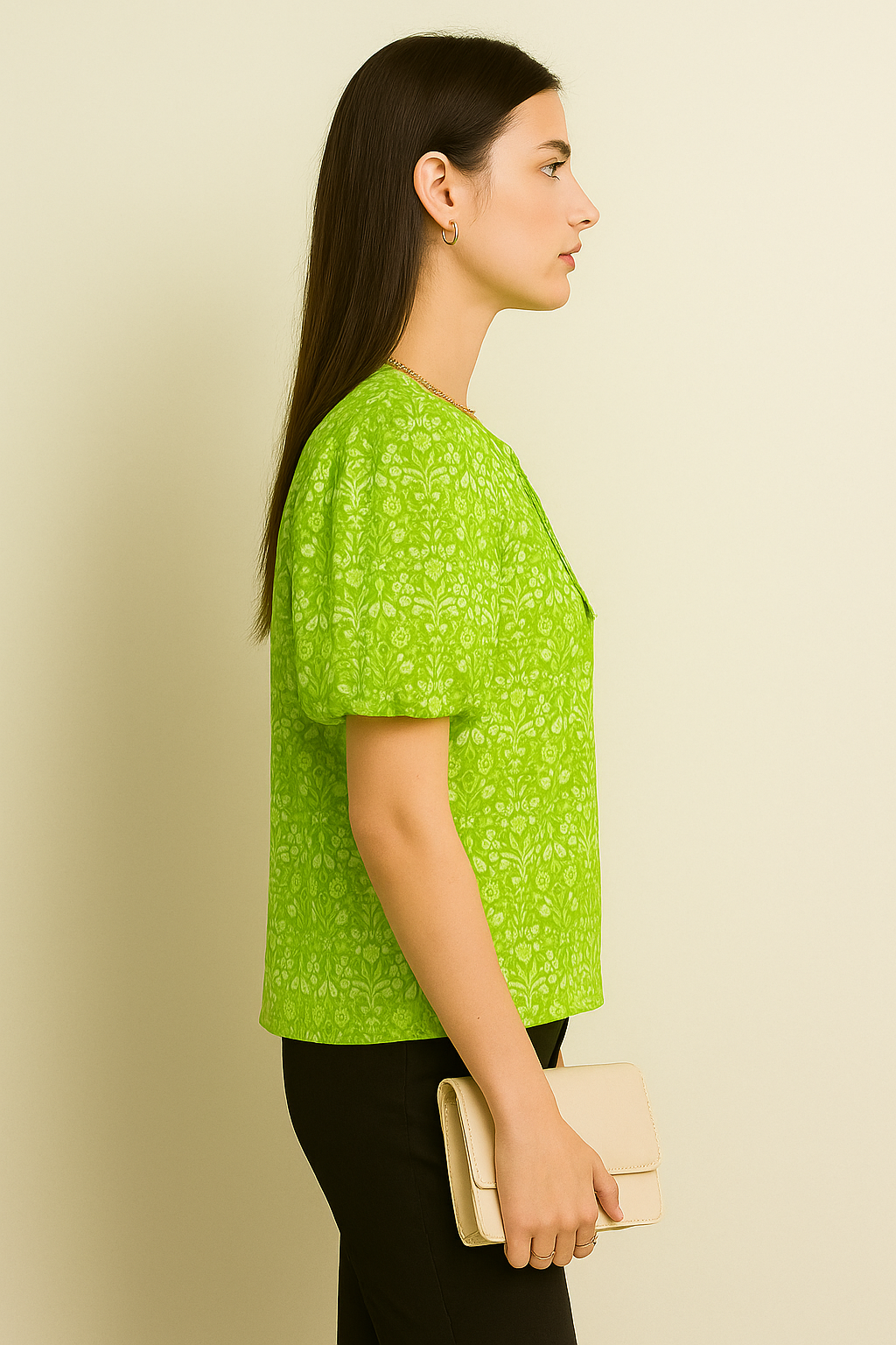 Green Floral Puff Sleeve Cotton Casual Top