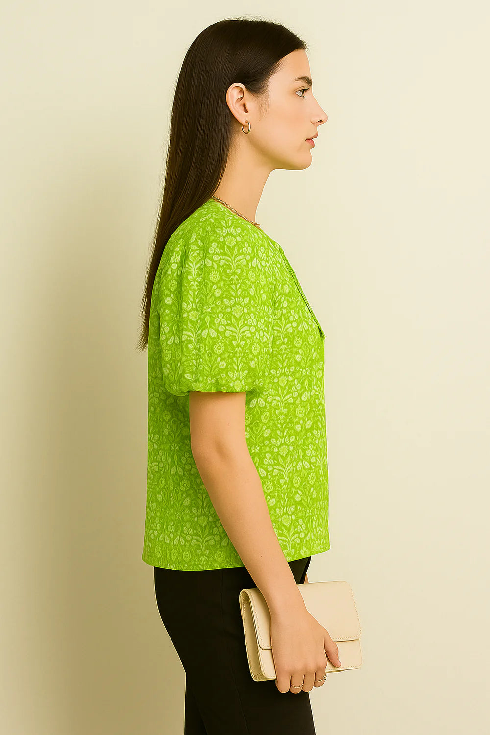 Periwinkle Floral Cotton Top with Puff Sleeves and Tie-Neck Detail
