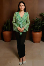 Floral Chiffon Top with Long Sleeves Ruffle Front and Tie Neckline