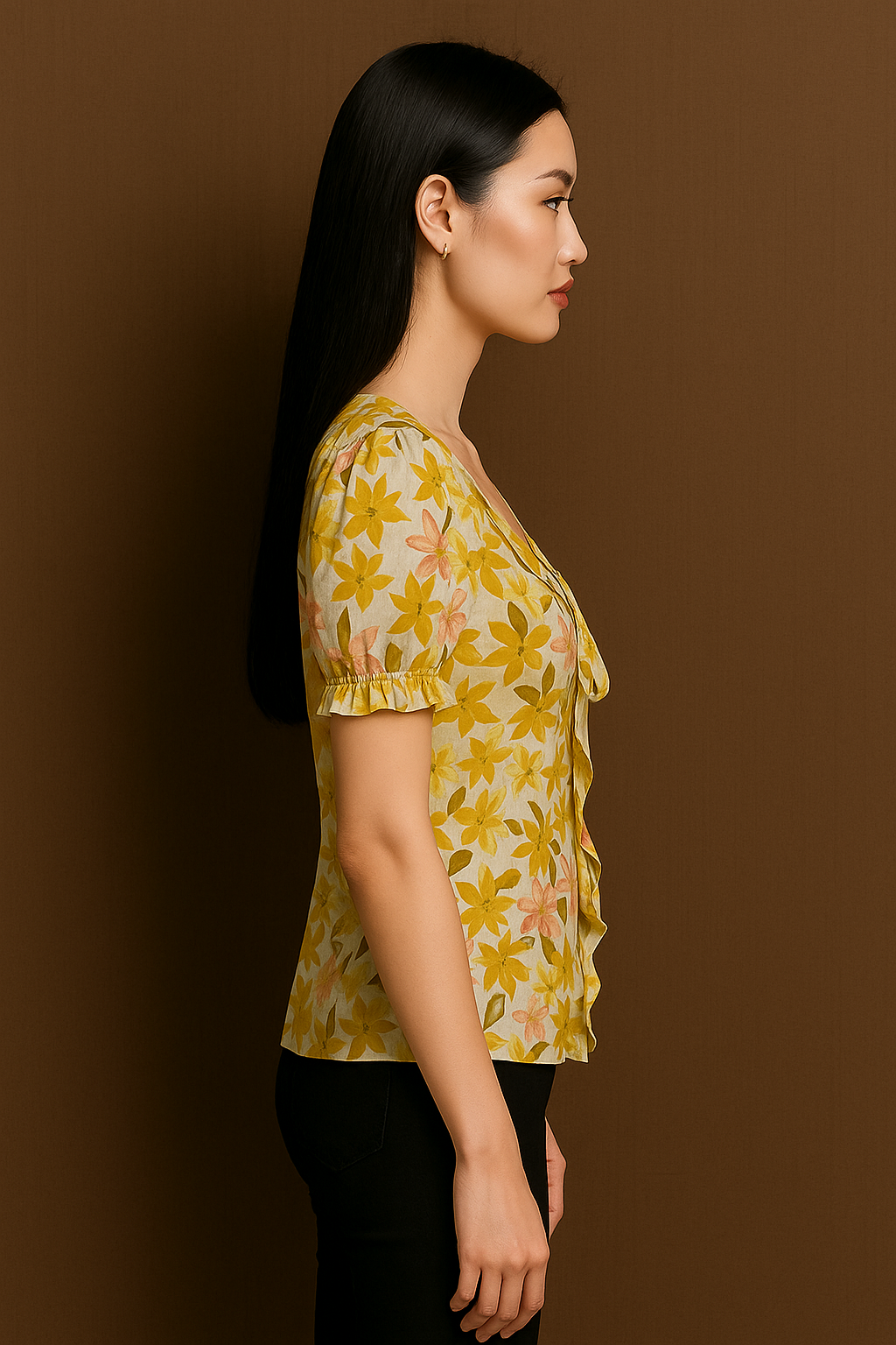 Yellow Floral Ruffle Tie Neck Chiffon Top
