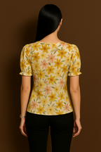 Yellow Floral Ruffle Tie Neck Chiffon Top