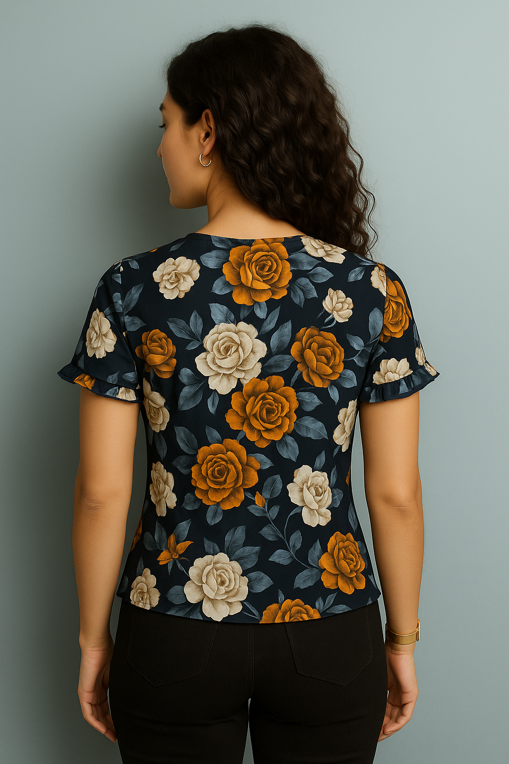 Navy Floral V Neck Satin Short Sleeve Top