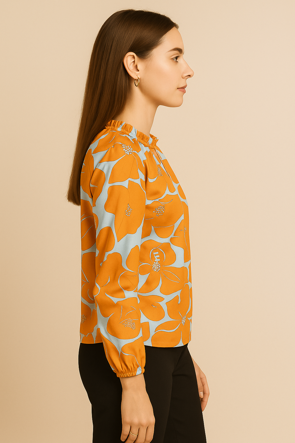 Orange and Blue Floral Print Long Sleeve Blouse with Ruffle Neckline