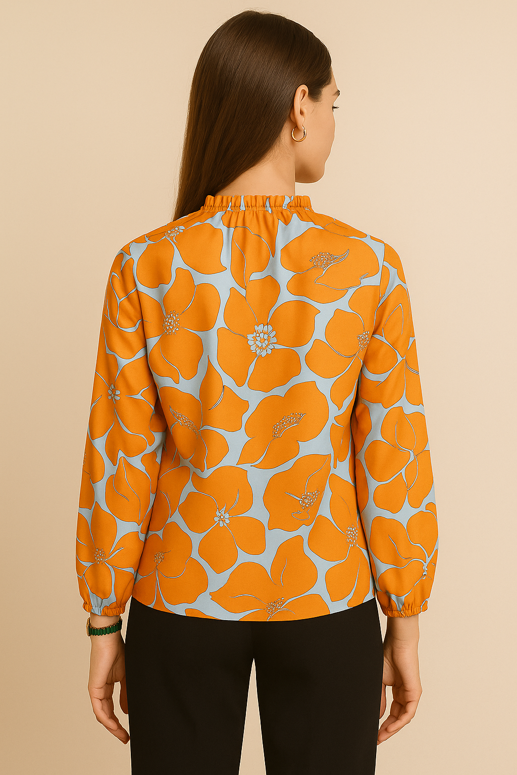 Orange and Blue Floral Print Long Sleeve Blouse with Ruffle Neckline
